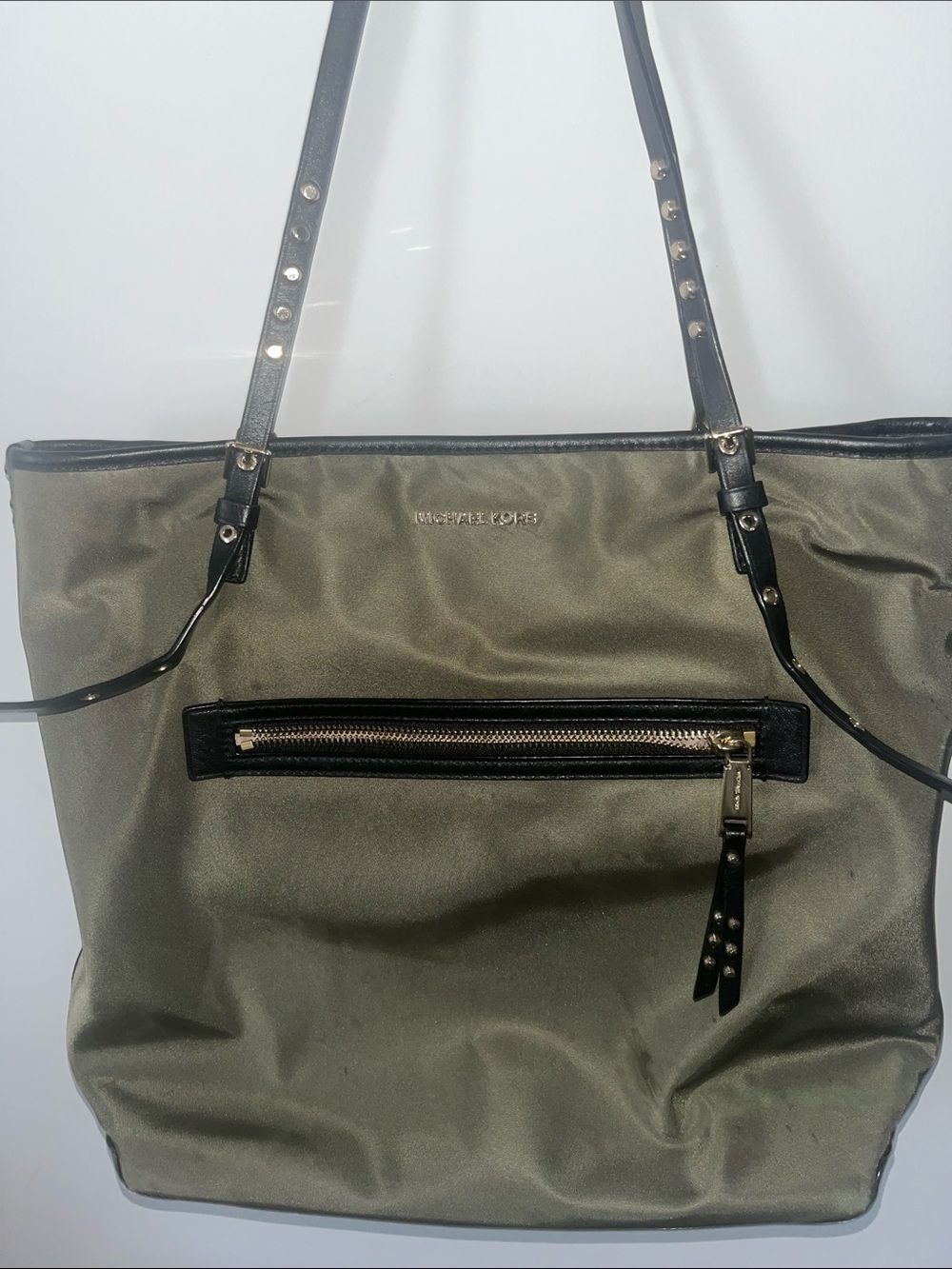 Michael Kors Olive Green Tote with Black Trim & Studded Straps